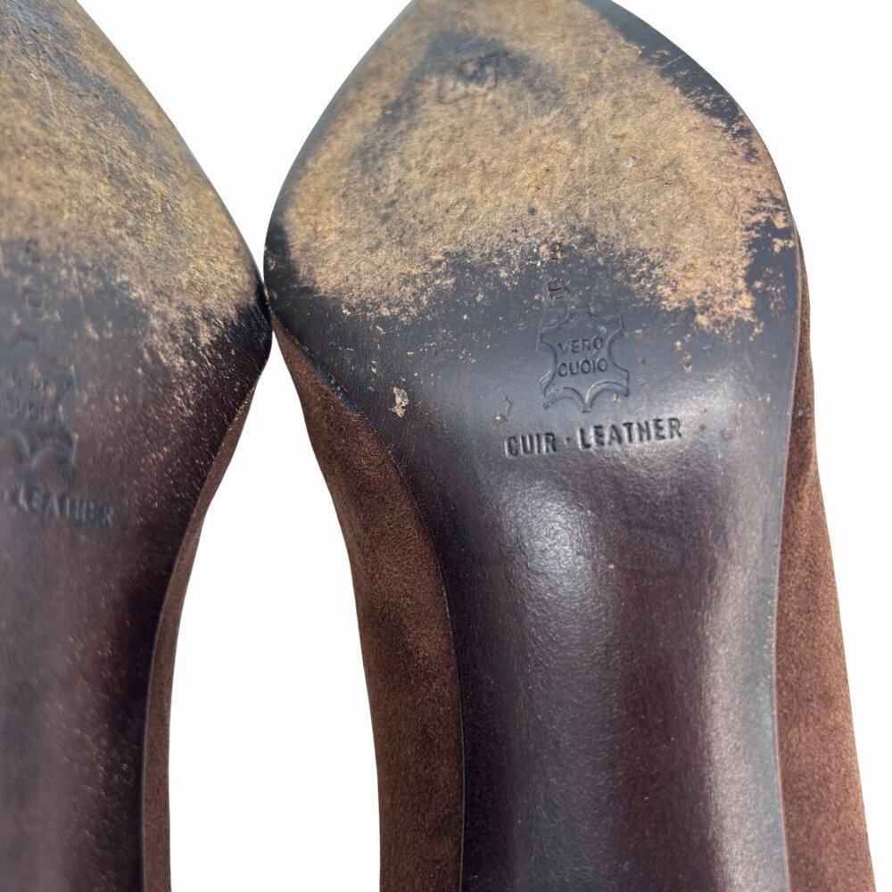 VINTAGE BRUNO MAGLI 80'S BROWN SUEDE PUMPS w GOLD METAL DETAIL ITALIAN 8 (7) - Picture 11 of 12